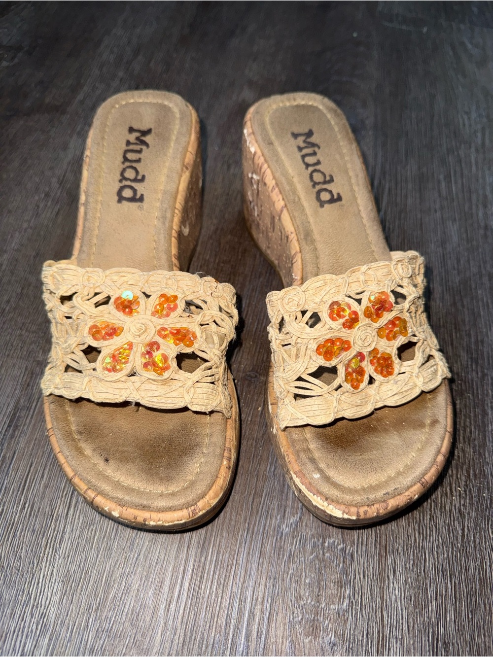 Mudd Beige Crochet Wedge Slides with Orange Sequin Flower Accents